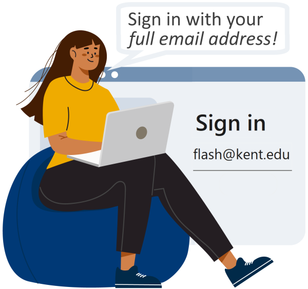an image of a woman sitting at a laptop reminding you to log in with your full email address.